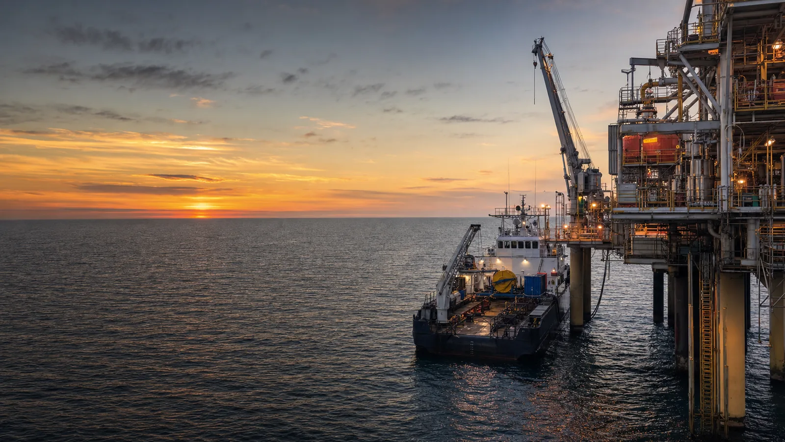 Offshore oil and gas platform at sunset