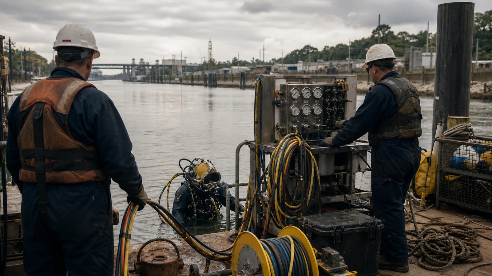 Commercial diving crew preparing surface-supplied equipment on an inland worksite