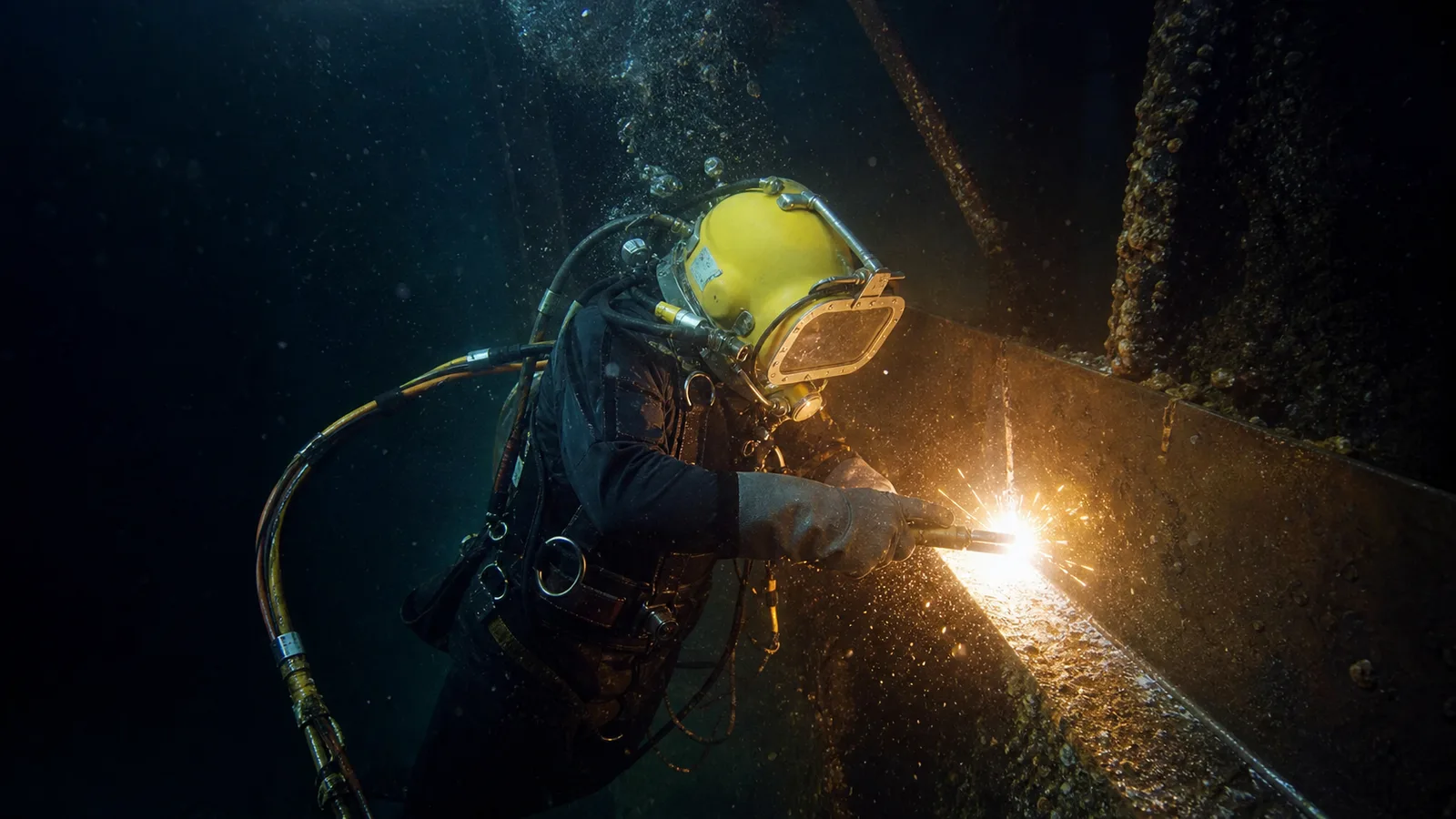 Commercial diver performing underwater welding on a steel structure